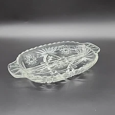 Vintage Glass Divided Relish Veggie Tray Handles Stars Scalloped Edges