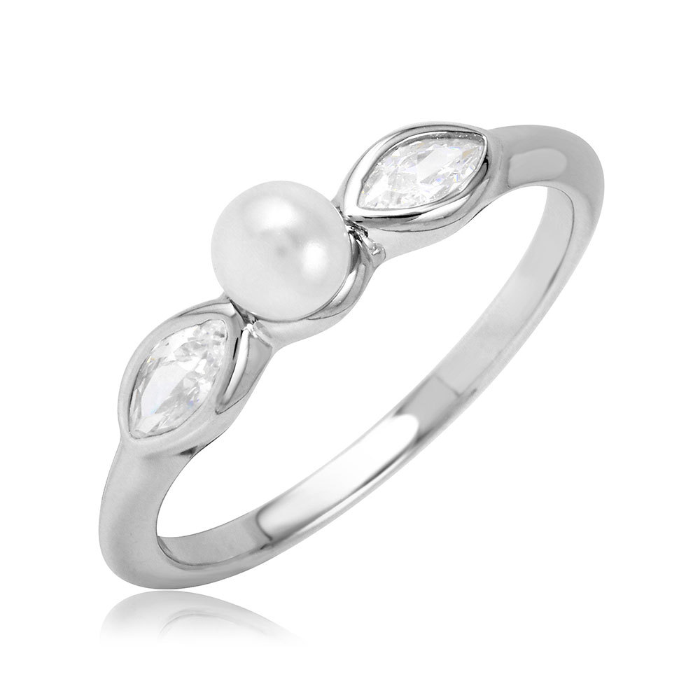 Sterling Silver Ladies Ring w/ mm Pearl Cat Eyes CZ Stones