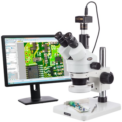 AmScope 7-45X Zoom Stereo Microscope 1.3MP Digital Camera LED Light Multi-Use