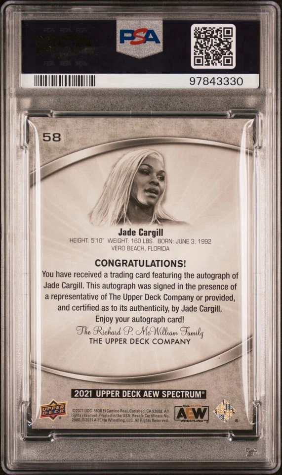 2021 Upper Deck AEW Spectrum JADE CARGILL Autographs #58 ROOKIE POP 1 PSA 10 - Image 2 of 3