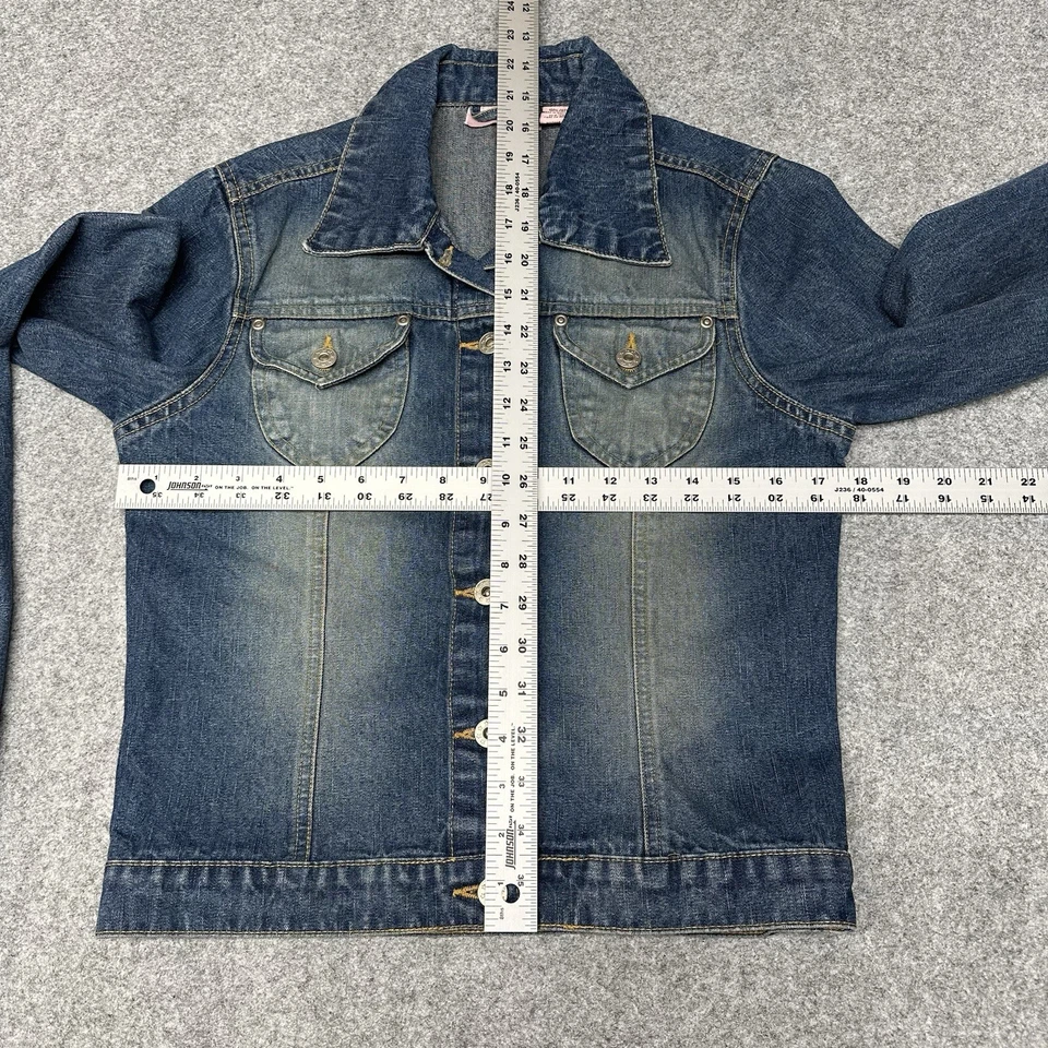 Chaqueta vaquera azul de mezclilla envejecida mediana Periscope para mujer bolsillos manga larga Foto 2 de 4