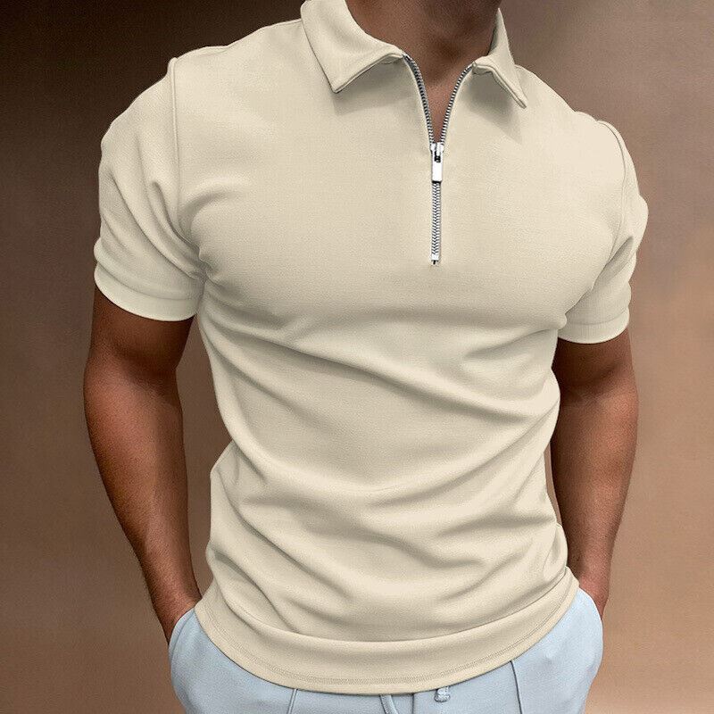 Polo Shirt Men Zipper Collar Fashion Yellow Beige Solid Polo Shirt Men Zipper Collar Fashion Yellow Beige Solid