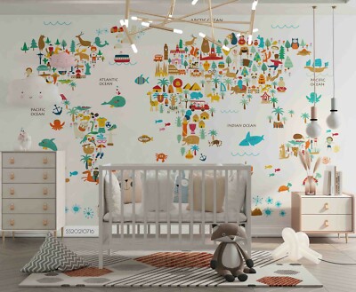 3D Cartoon World Map Wallpaper Wall Mural Removable Self-adhesive 16
