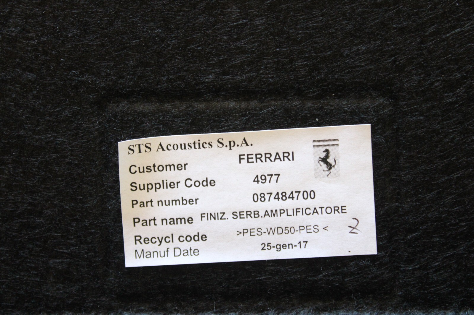 Ferrari California T, Trunk Carpet Bottom, Black, Used, P/N 87484700