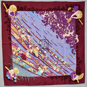 Auth HERMES &#034;Marche Flottant Du Lac Inle&#034; By D. Rybaltchenko Silk Square Scarf 