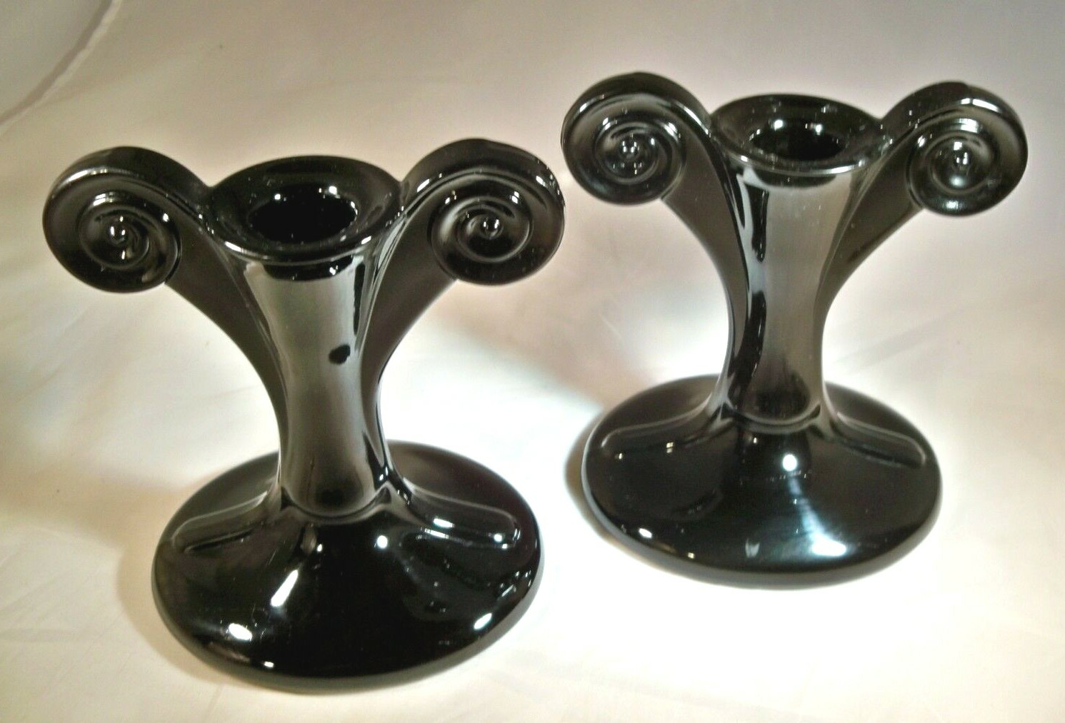 FOSTORIA GLASS EBONY BLACK 23951/2 5" TALL GRECIAN SCROLL PAIR CANDLE