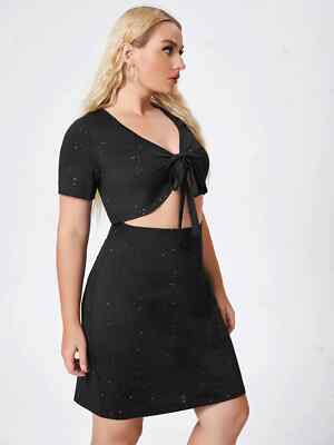 Elegant Plus Size Cut Out Knot Bust High Waist V Neck Fitted Black Dress |  eBay