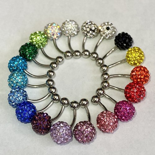 Shamballa Disco Ball Belly Ring Navel CZ Double Banana 14g Rhinestone Green - Picture 6 of 12