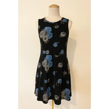Vans Women’s Floral Sleeveless Skater Dress Black Blue Roses Size M Cotton 