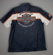 Harley Davidson Shirt Sz L Black Orange Mechanic Shop Embroidered Big Logo