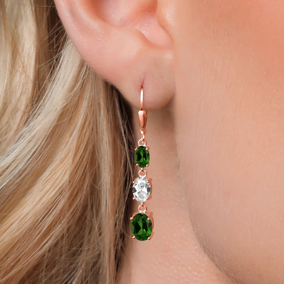 18K Rose Gold Plated Silver Green Chrome Diopside 3 Stone Dangle Earrings For - Image 3 of 4