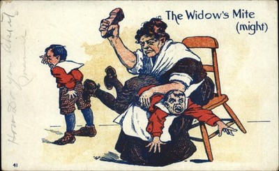 Widow's Mite comic ~ child abuse spanking boy with shoe ~ discipline ~ UDB 1907