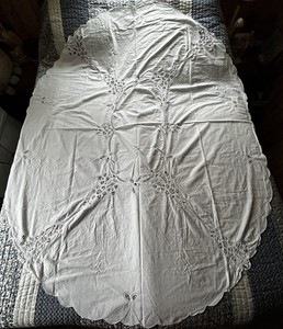 Vintage White Tablecloth 80”x65”Oval Battenburg Cut Out Work Lace Cotton
