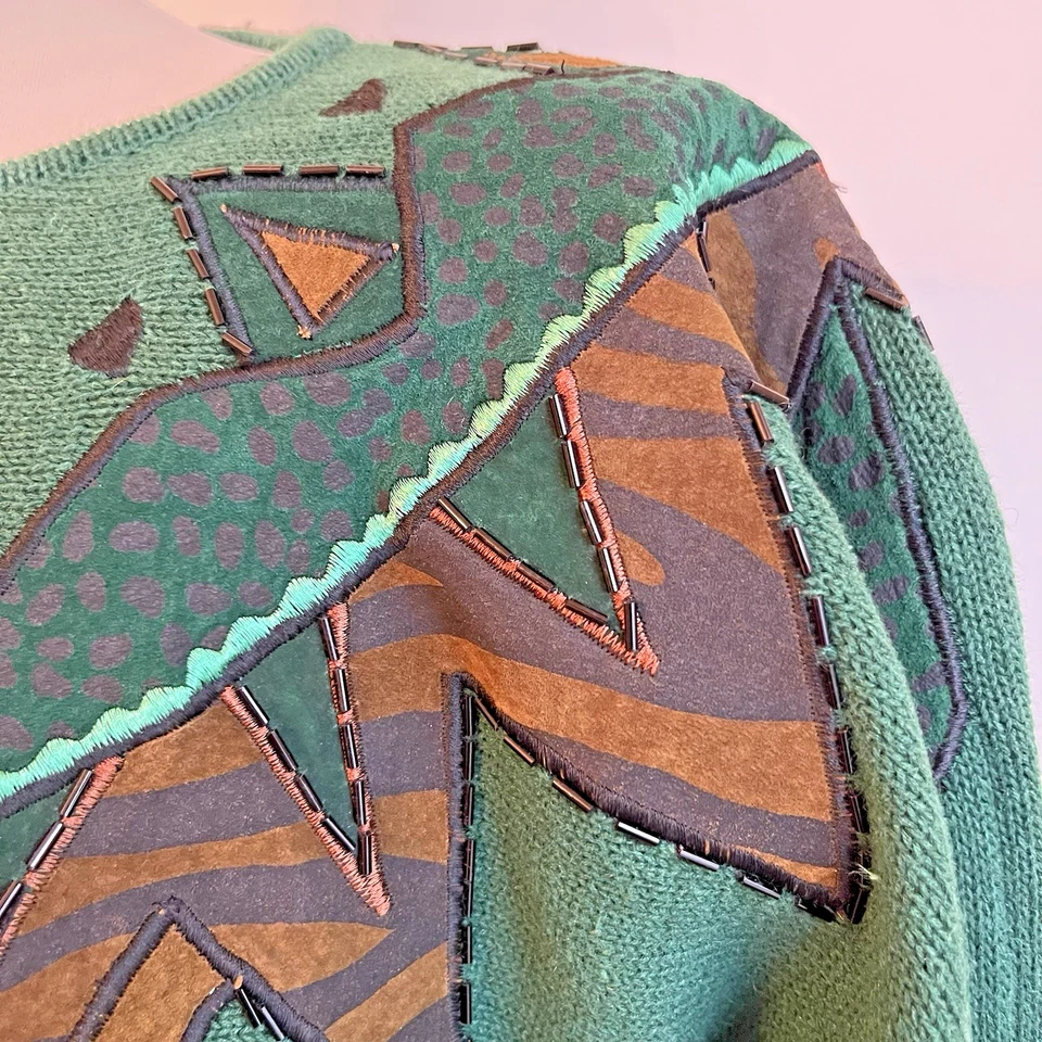 Suéter Vintage Años 80 Cedros Adornado Verde Cuero Cuentas Dolman Negro Grande Foto 2 de 4