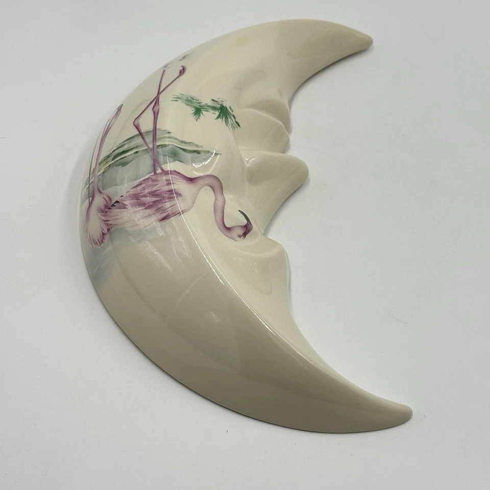Luna creciente blanca con cara decoración de pared pintada a mano flamencos rosas Foto 3 de 4