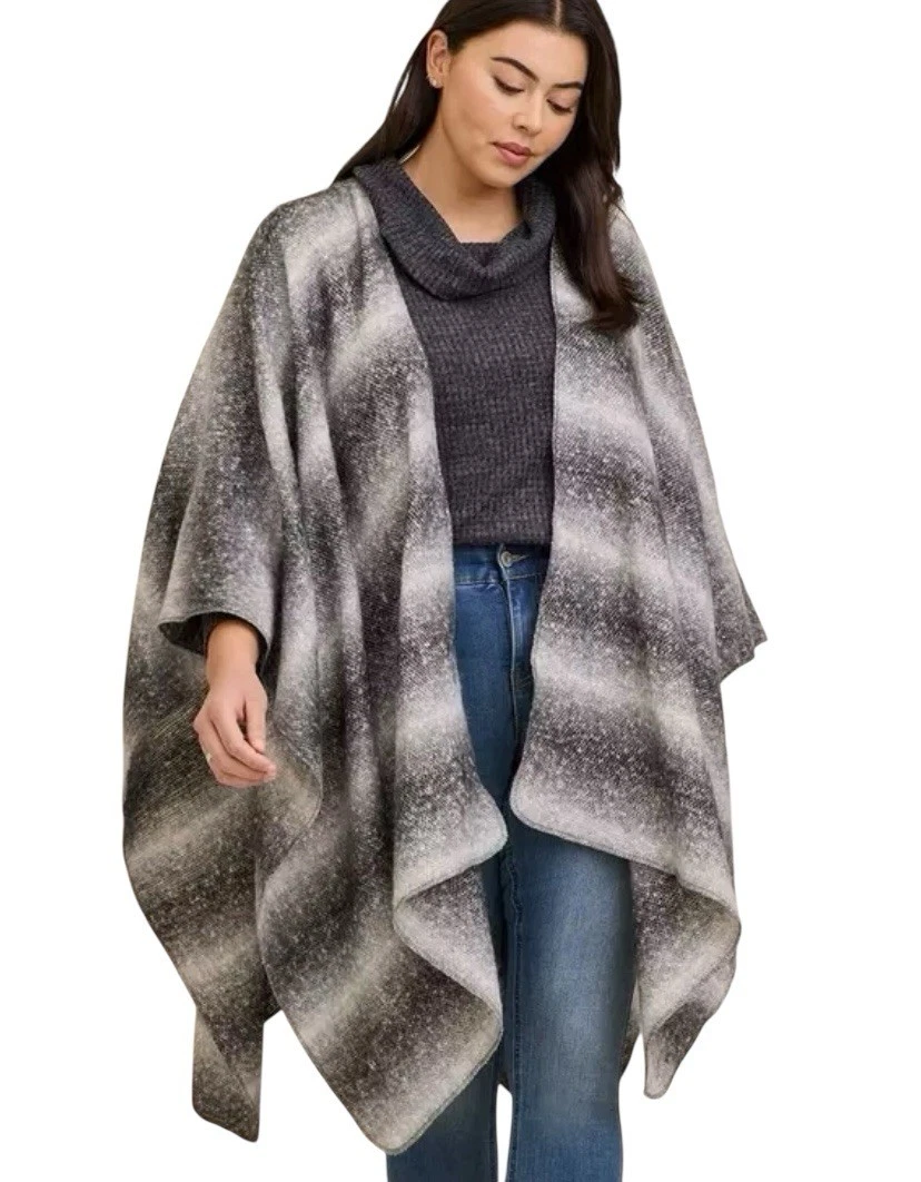Torrid Ruana Women’s Gray White Ombré Shawl Sleeveless Open Front Poncho Casual