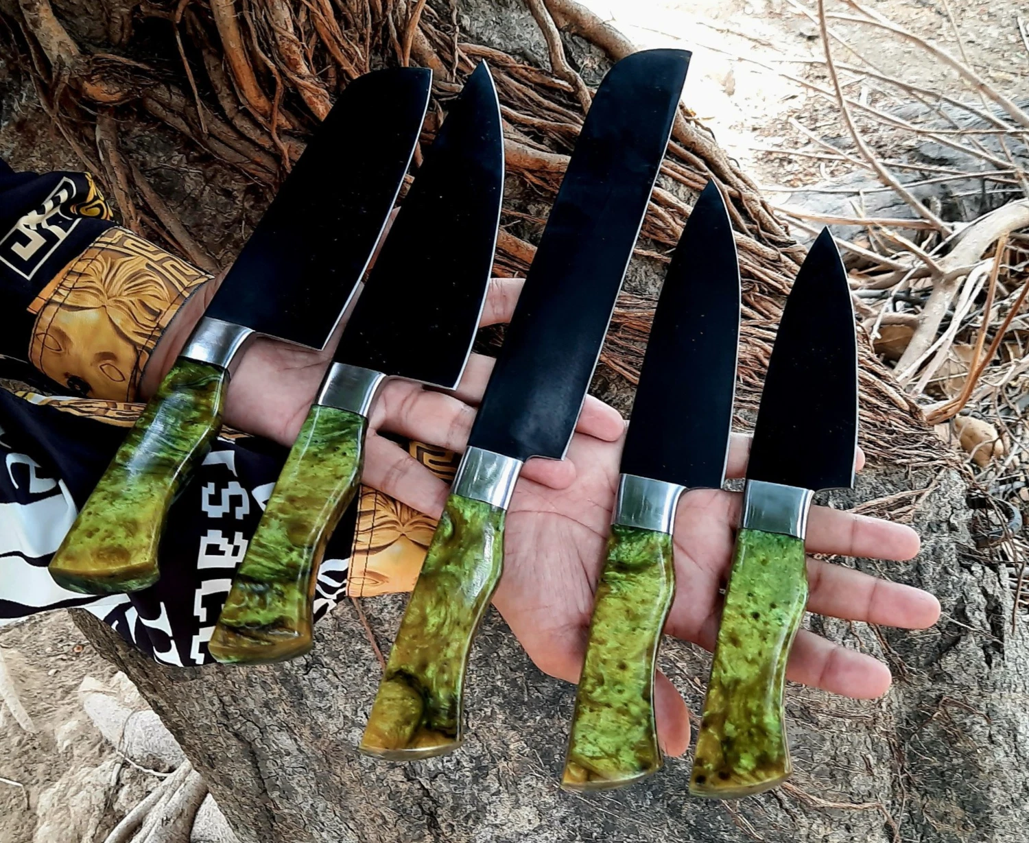 Handmade Kitchen Chef Knife Set | Carbon Steel Powder Coated With Leather Sheath