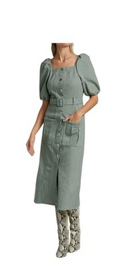 GESTUZ  Short Puff-Sleeve Sheath Dress Moss Green Size 6 EU 36 No Belt