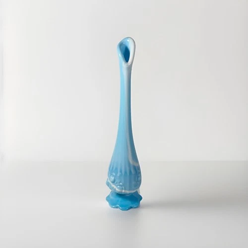 Vintage Fenton Cabbage Rose Pattern Blue White Slag Glass Swung Bud Vase 10.5”