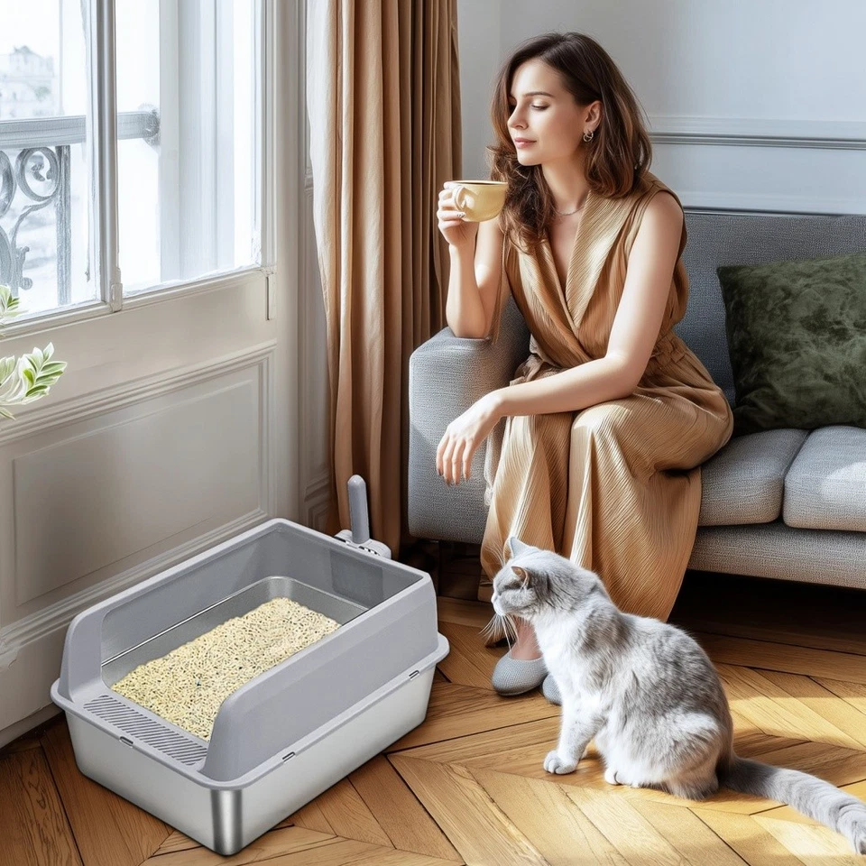 Large Stainless Steel Cat Litter Box Semi Open High Sided Metal Tray with Spoon - image 2 of 4