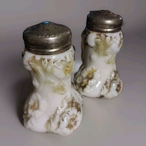 Antique Salt & Pepper Shakers Flower Blooming Milk Glass Original Lids-See Desc. - Picture 5 of 5