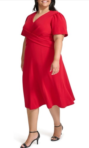 Tommy Hilfiger Women's Scuba Crepe Structured Short Puff Sleeve Dress Rred 18W - Picture 3 of 12