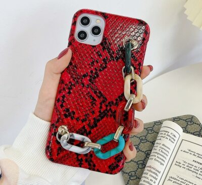 Luxury PU Leather Back Cases Hand Strap Cord Chain Lanyard Snake Case for iPhone