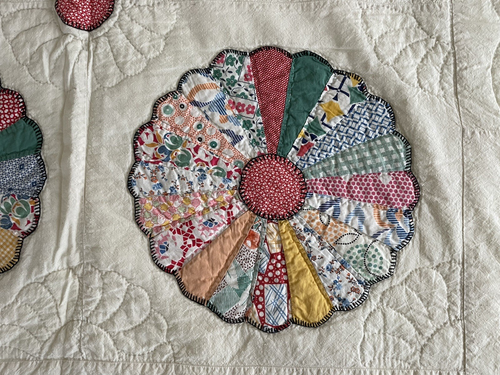 Vintage QUILT Hand Made Stitched DRESDEN PLATE colorful yellow trim 82" x 82" - Picture 9 of 19