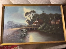 Vintage "Landscape With Bridge And Homes Scene" Oil Painting - Signed And Framed