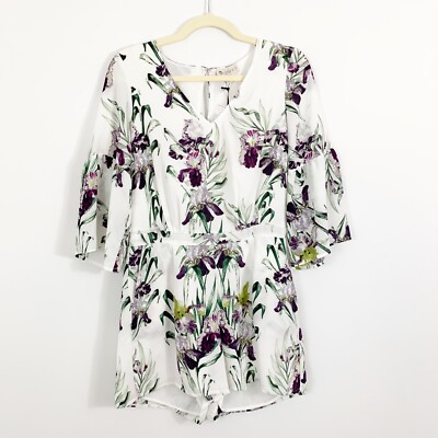 NEW Eliane Rose Size 4 White Romper 3/4 Flare Sleeve Floral V-Neck Shorts