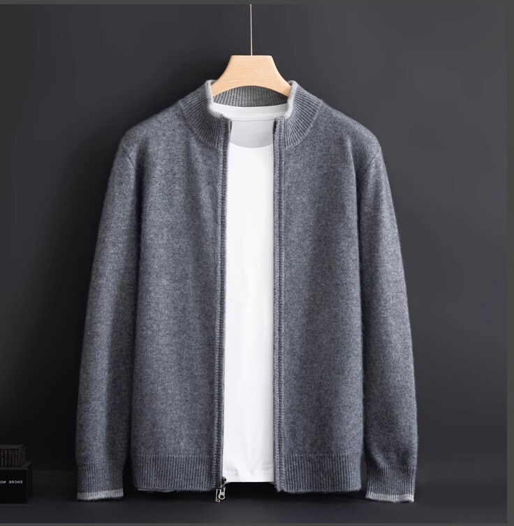 Men's Winter Pure Cotton Knitted British Thickened Heavy Weight Twisted Double Zipper Cardigan