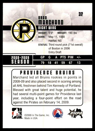 2009 ITG Heroes and Prospects #32 Brad Marchand ROOKIE Providence Boston Bruins - Photo 2 sur 3