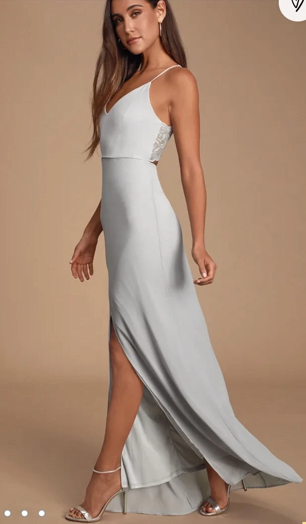 Lulus Story Of A Starry Night Backless Lace Maxi Dress Gown Gray