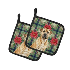Fawn Boerboel Christmas Poinsettas Pair of Potholders WDK8521PTHD