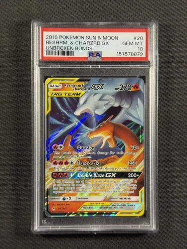 Pokemon Cards PSA 10 GEM MT Reshiram & Charizard GX Unbroken Bonds S&M 20/214