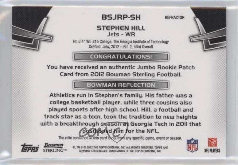 2012 Bowman Sterling Blue Refractor /60 Stephen Hill #BSJRP-SH Jumbo Patch RC - Image 2 of 2