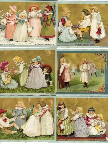 McLAUGHLIN'S COFFEE 6 Victorian Trade Cards LITTLE GIRLS Dolls Fancy Dress 1890s