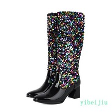 Women Mid Calf Shoes Sequins Shiny Leather Low Heel Boots Cosplay Nightclub 2026