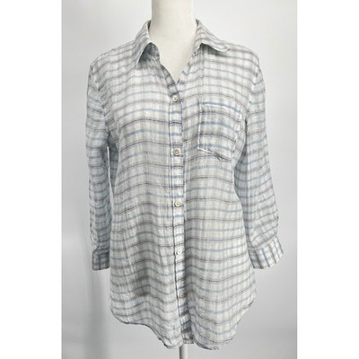Theory Women Cotton Silk Sheer Plaid Button Down Shirt Quiet Luxury Coastal Sz M