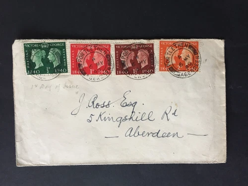 E GB 1940 ½d + 1d + 1½d + 2d POST CENTENARY ON FIRST DAY PMK COVER TO ABERDEEN