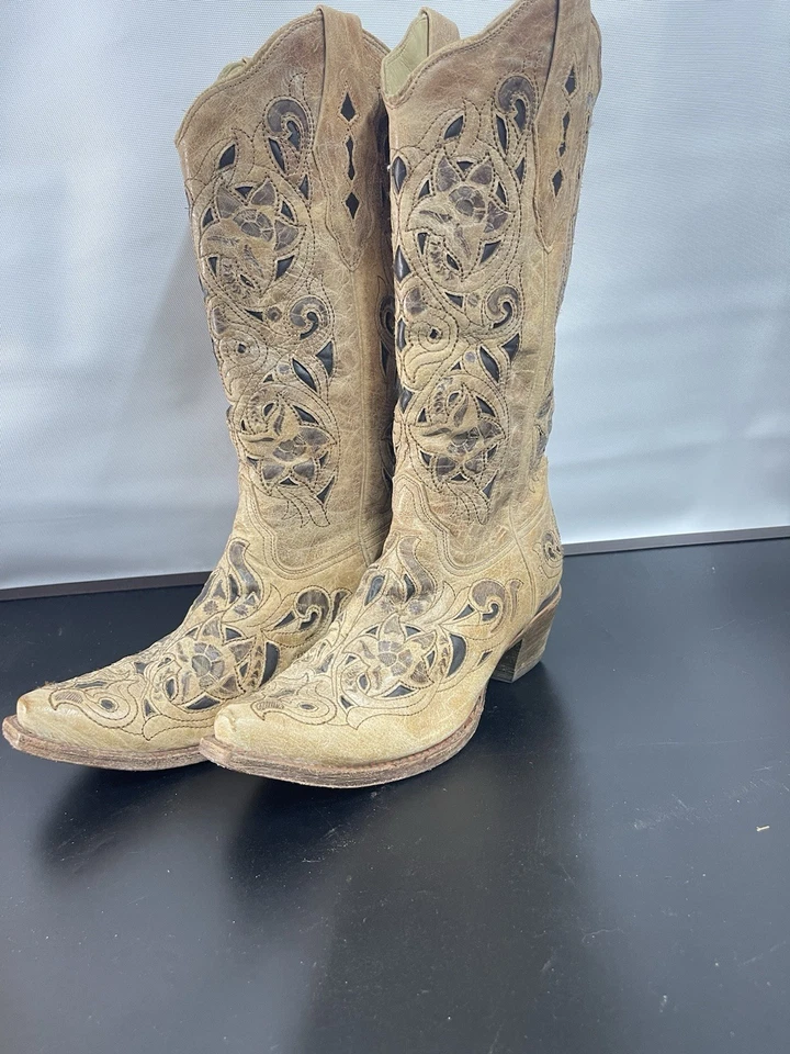 Corral винтажный старинный седло матовый лазер коричневый желтовато-коричневый ботинки женщин 7 1/2 - Изображение 3 из 4