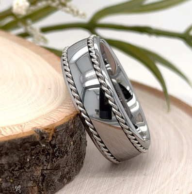 Dual Rope Polished Edge Band For Christmas Gift 8mm Silver Tungsten Carbide Ring