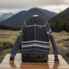 Helly Hansen Sweater Mens XL Black Gray Full Zip Wool Blend Stripe Knit Ring Zip