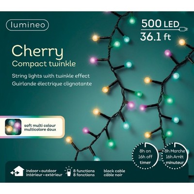 Lumineo 500 LED Soft Multi Color Compact Twinkle Cherry Lights Black Wire