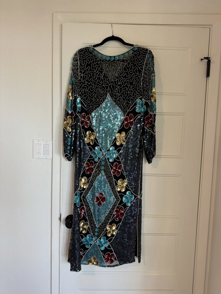 Stunning Beaded Sequin 100% Silk Party Dress 80s Black Flapper Sz Large - Image 2 of 4