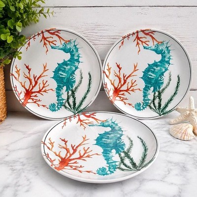 Melamine Sealife Plates Set of 3 Seahorse Coastal Beach Ocean 9  Lunch Plates