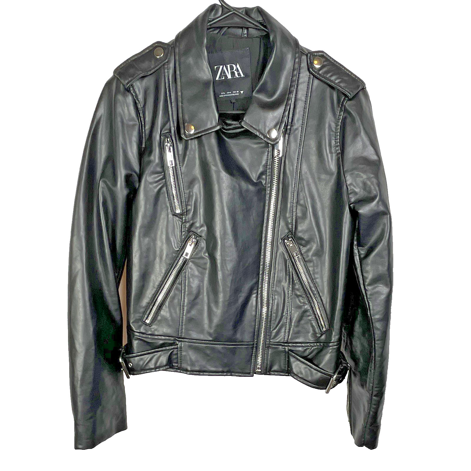 Zara Women's Black Moto Leather Biker Jacket Size Large