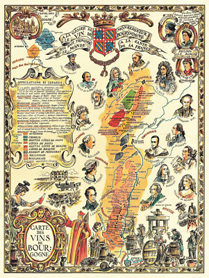 Pictorial Map of Burgundy (Bourgogne) Wine Region, France Wall Poste