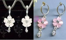 1 PAIR SPRING CLIP-ON PINK or WHITE FLOWER+CZ DROP DANGLE EARRINGS
