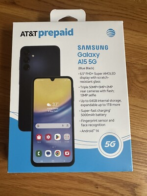 New- AT&T Samsung Galaxy A15 5G, 64GB, Blue Black - Prepaid Smartphone
